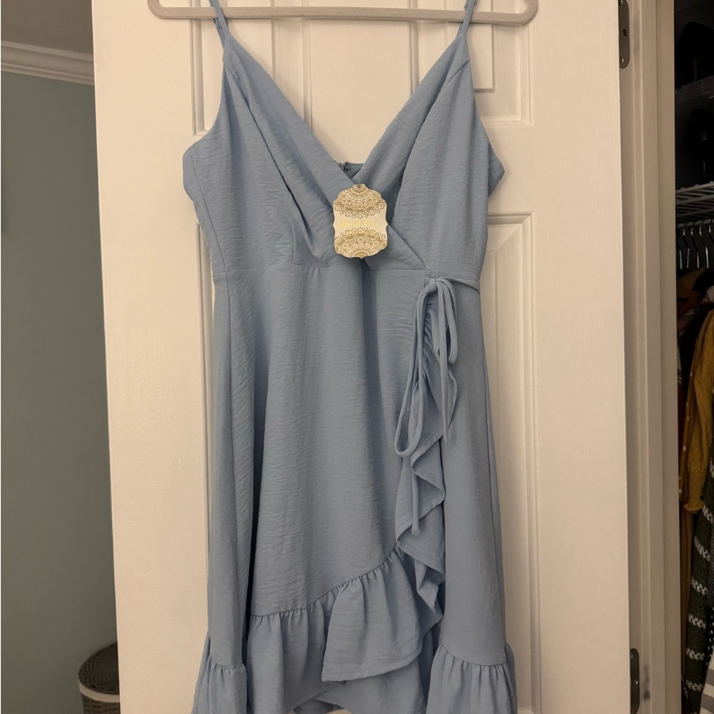 Light Blue Ruffle Wrap Dress